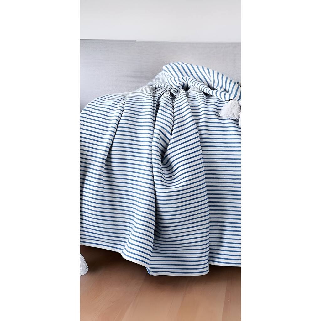 50" X 60" Blue and White Woven Cotton Striped Throw Blanket with Tassels