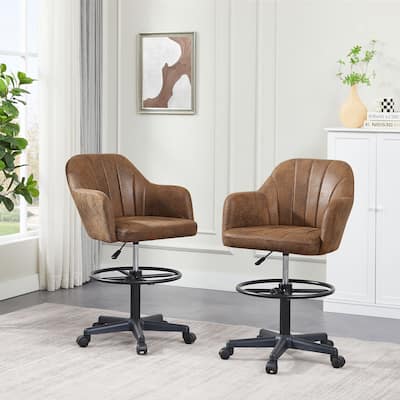 VECELO 2-Piece Adjustable Height Office Chair Brown PU Leather with Vertical Stripes 360° Rotation with Circular Footrest