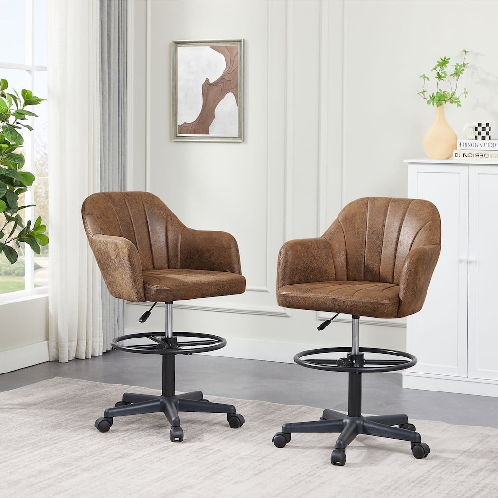 VECELO 2-Piece Adjustable Height Office Chair Brown PU Leather with Vertical Stripes 360° Rotation with Circular Footrest
