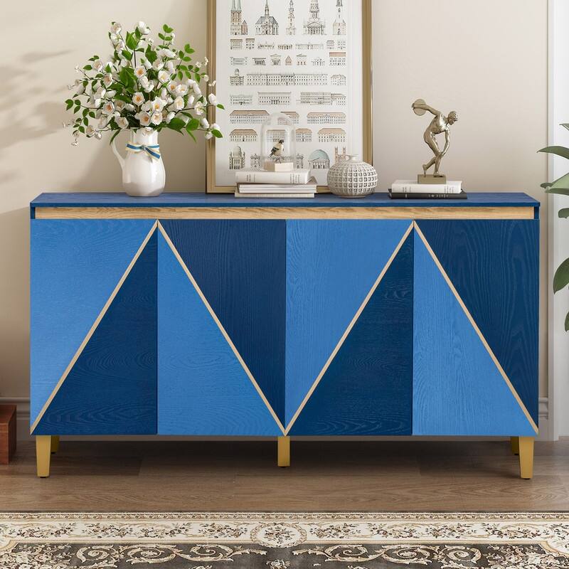 Retro 60" Buffet Cabinet with Storage, Vintage Sideboard with Dimensional Effect 4-Door - Blue