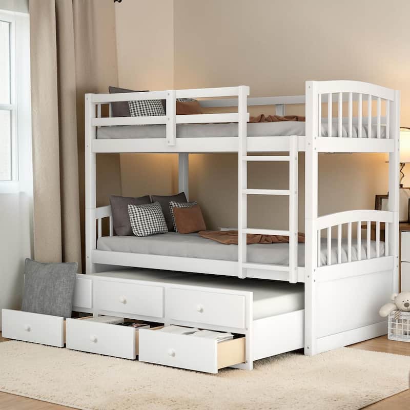 Twin Over Twin Bunk Bed with Trundle and 3 Drawers, Wooden Bunk Bed with Ladder and Safety Rails, Space Saving