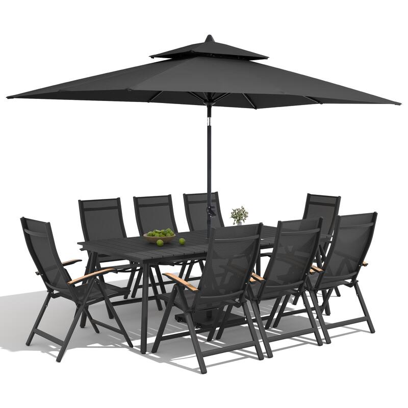 9/11-Piece Outdoor Patio Dining Set Aluminum Dining Table and Folding Chairs w/10 ft Umbrella and Base