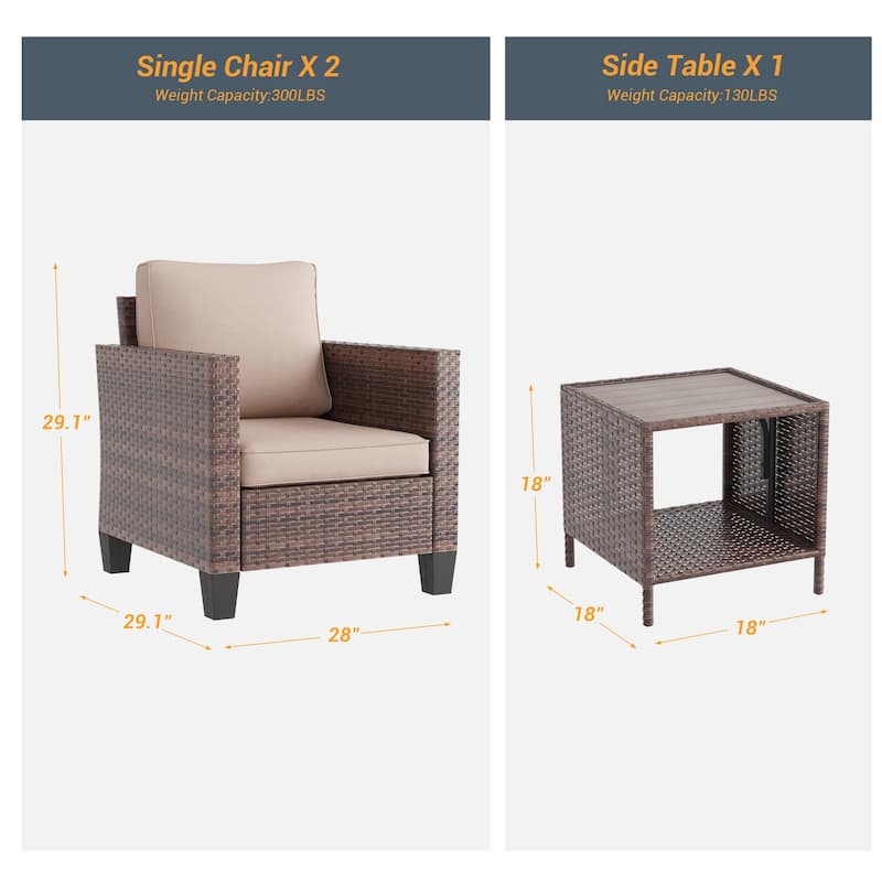 LIVOOSUN 3-Piece Patio Sofa Set Gray Rattan Outdoor Chair with Side Table