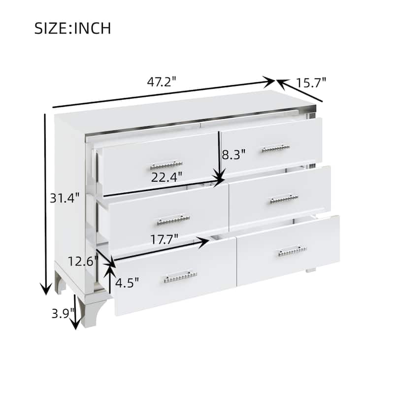 6 Drawers Dresser for Bedroom, High Gloss Mirrored Wide Chest of Drawers