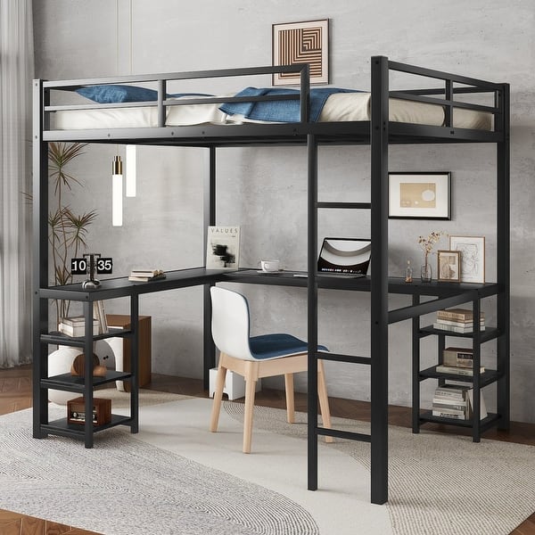 slide 2 of 13, Full Size Metal Loft Bed with Built-in Desk and Shelves, Multifunctional Loft Bed Frame with Ladder and Guardrails Black Desk