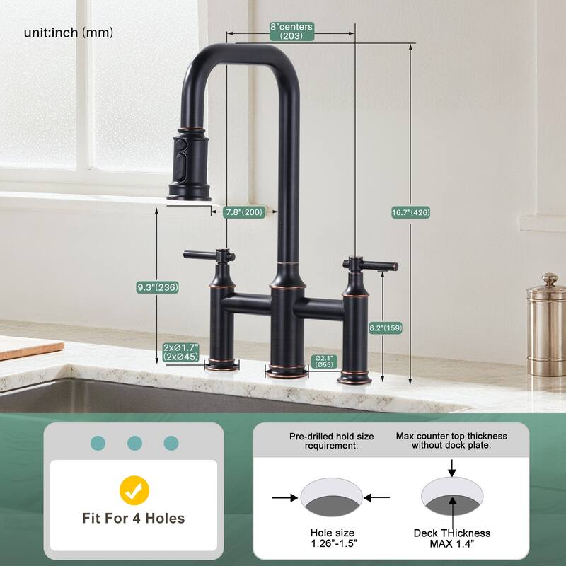 WOWOW Double Handle Bridge Kitchen Faucet with Advanced Spray