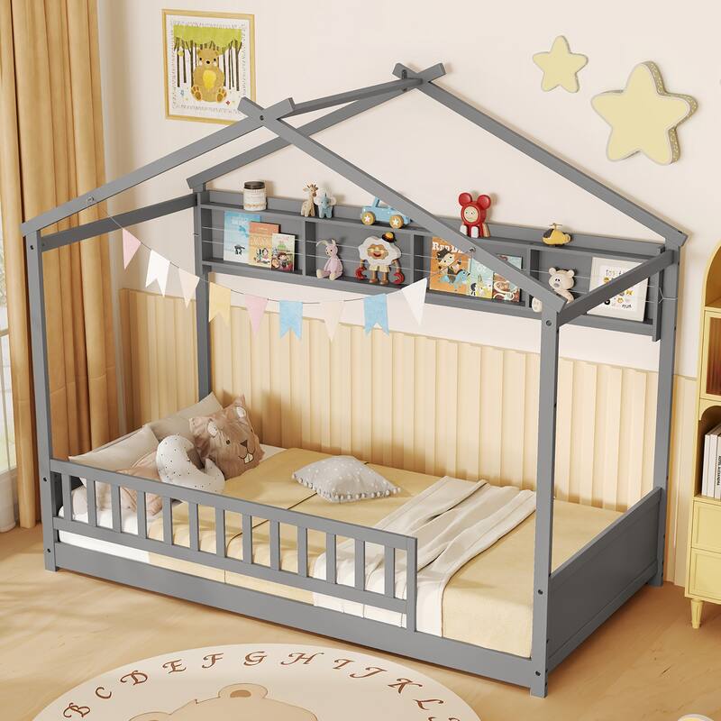 Gymax Twin Size House Bed w/Storage Shelf Headboard & Guardrail Wooden