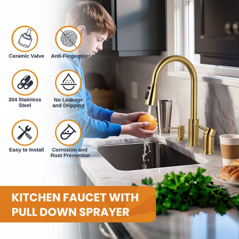 WOWOW Single Handle Pull Down Kitchen Faucet with Soap Dispenser