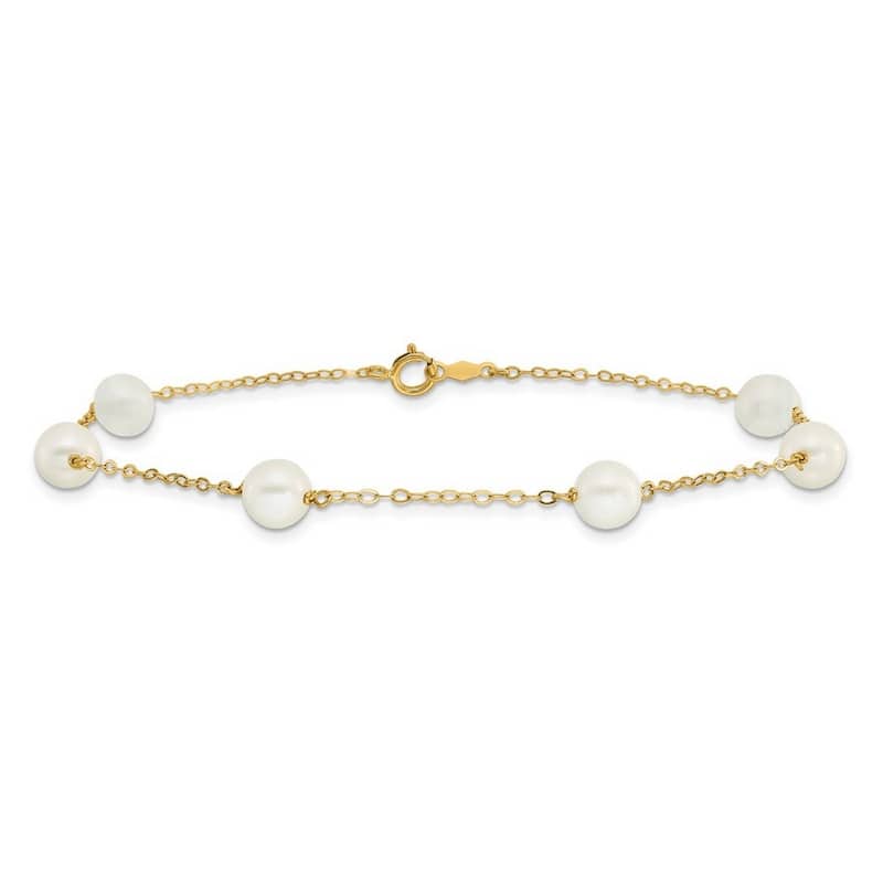 Curata 14k Yellow Gold 9" 6-7mm White Freshwater Cultured Pearl 6 station Anklet (Spring-ring)