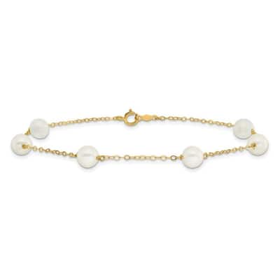 Curata 14k Yellow Gold 9" 6-7mm White Freshwater Cultured Pearl 6 station Anklet (Spring-ring)