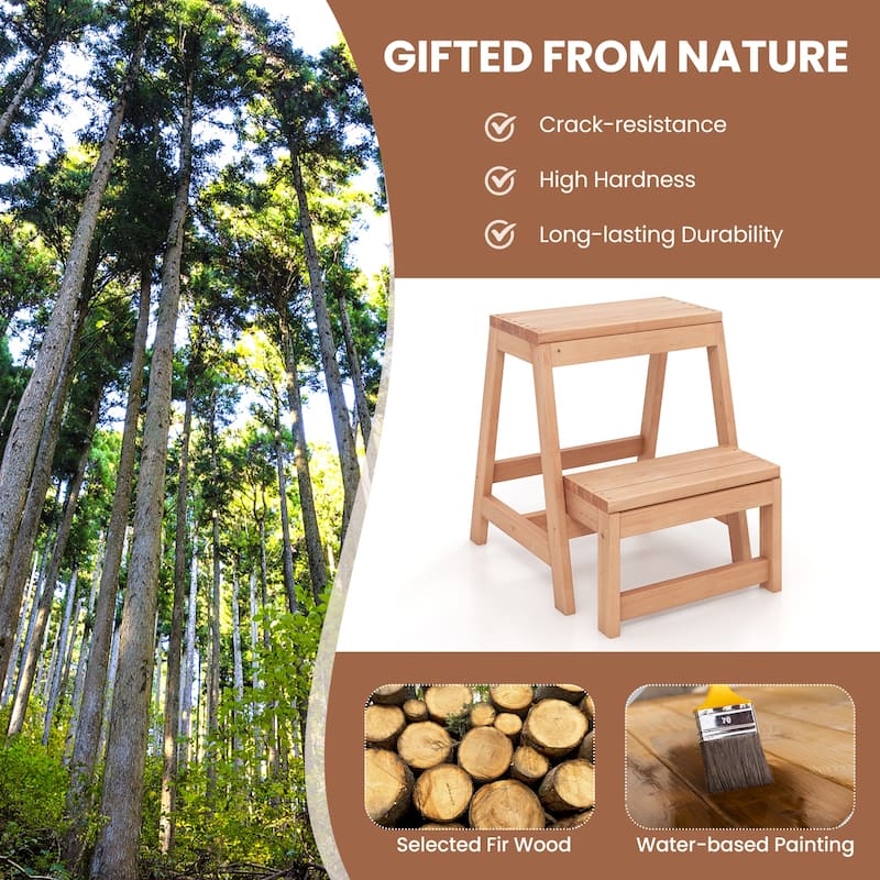 Space-Saving Solid Fir Wood 2-Tier Folding Step Stool Ladder for High Shelves and Plant Display