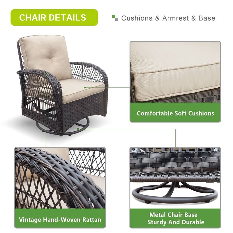 360-Degree Patio Wicker Swivel Rocker Chairs Set,w/Cushions and Table