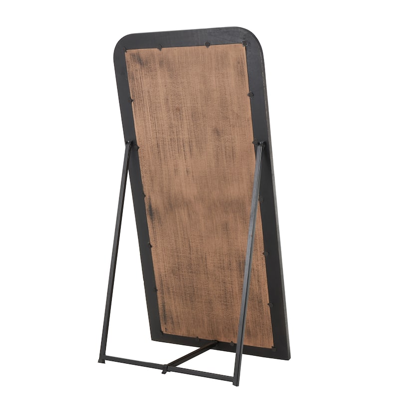 Mango Wood Distressed Room Floor Mirror with Carved Grooves - Black or Brown - Roche River Decor