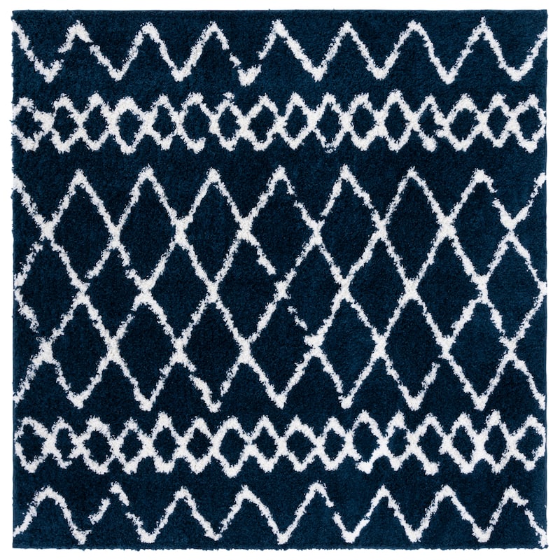 SAFAVIEH Berber Shag Ilmie Light Grey/Cream Rug - 6'7" Square - Navy/Ivory