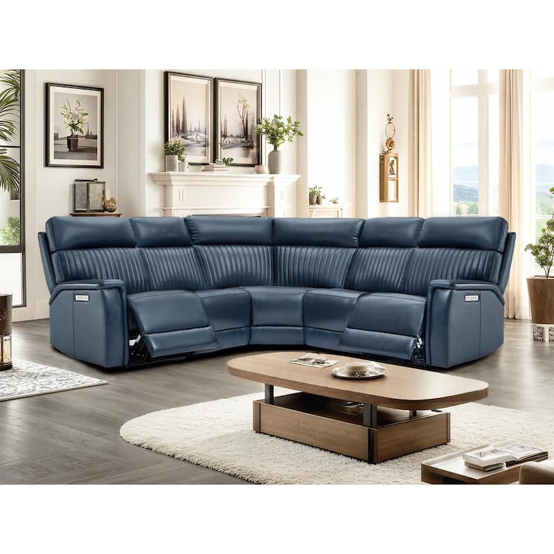 5PCS, 2 power Recliners, Leather Reclining Sectional with Power headrest & lumbar - Blue