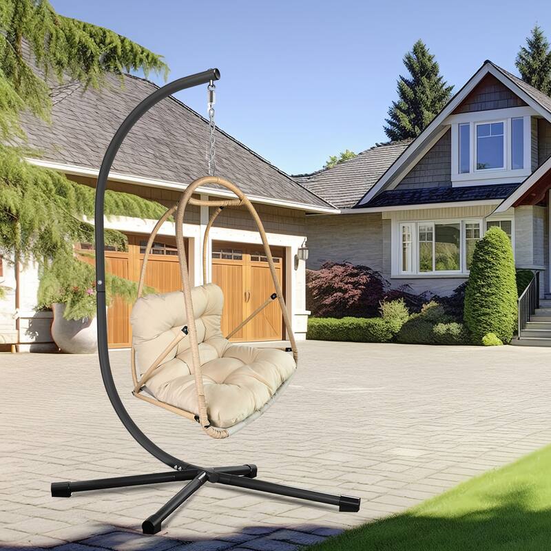 Rossetta Outdoor Wicker Rattan Patio Basket Foldable Hanging Chair with C Type Bracket , Cushion and Pillow