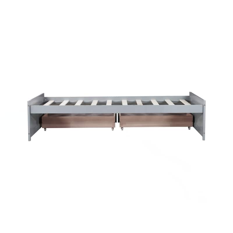 Twin Size Bed with 2 Drawers, Solid Rubber Wood Bed