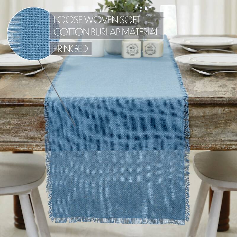 Burlap Blue Runner Fringed - 12x72