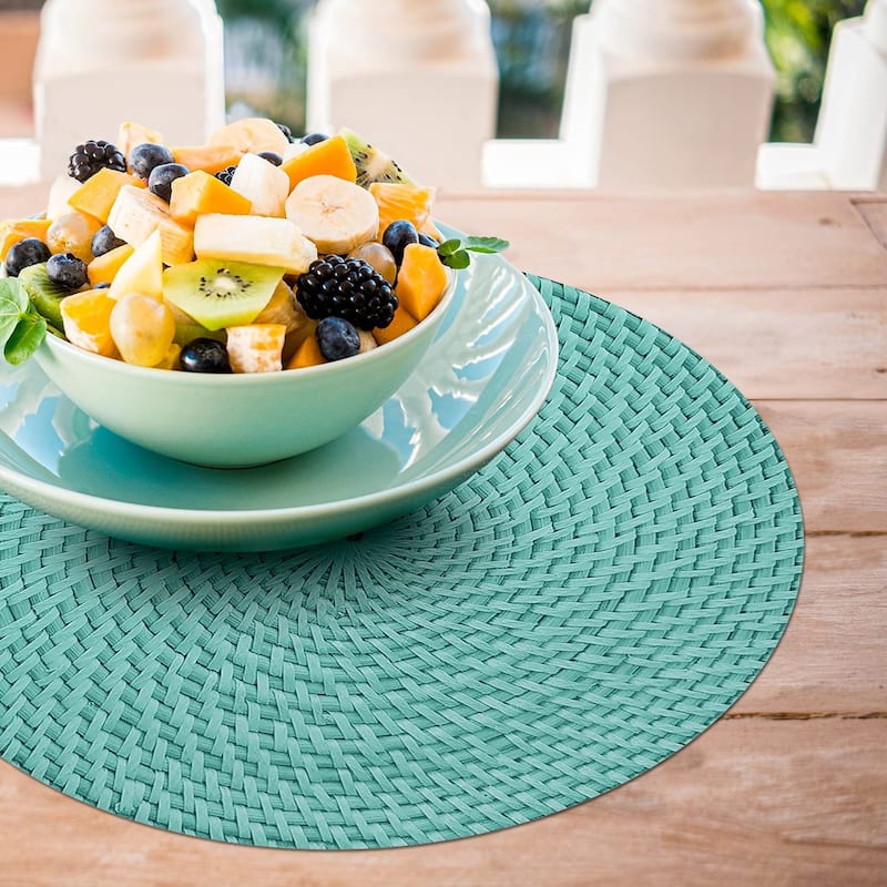 CounterArt Teal and Natural Basket Weave Design Round Reversible Easy Care Plastic Placemat Set of 4 Made in The USA