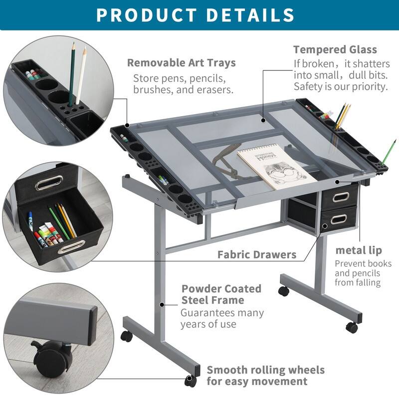 Adjustable Art Drawing Desk Craft Station Drafting with 2 fabric Drawers and 4 Wheels