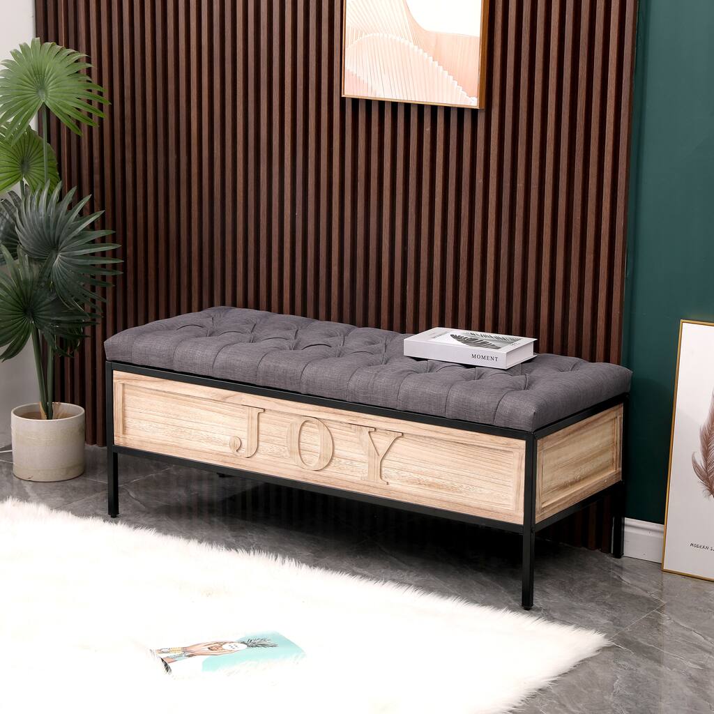Storage Bench Upholstered End of Bed Storage Benches with Button Tufted Wooden JOY Ottoman for Bedroom, Living Room