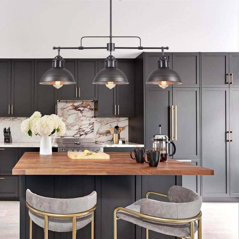 Industrial 3-Light Dome Kitchen Island Pendant - Brushed Black Grey - Black Grey
