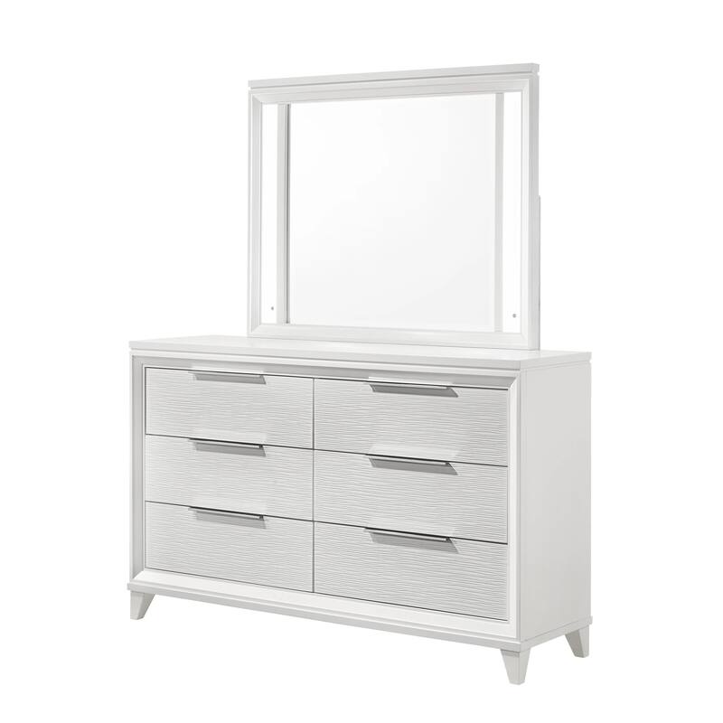 Ressy Wide Dresser and LED Mirror with 6 Drawers, White Wood