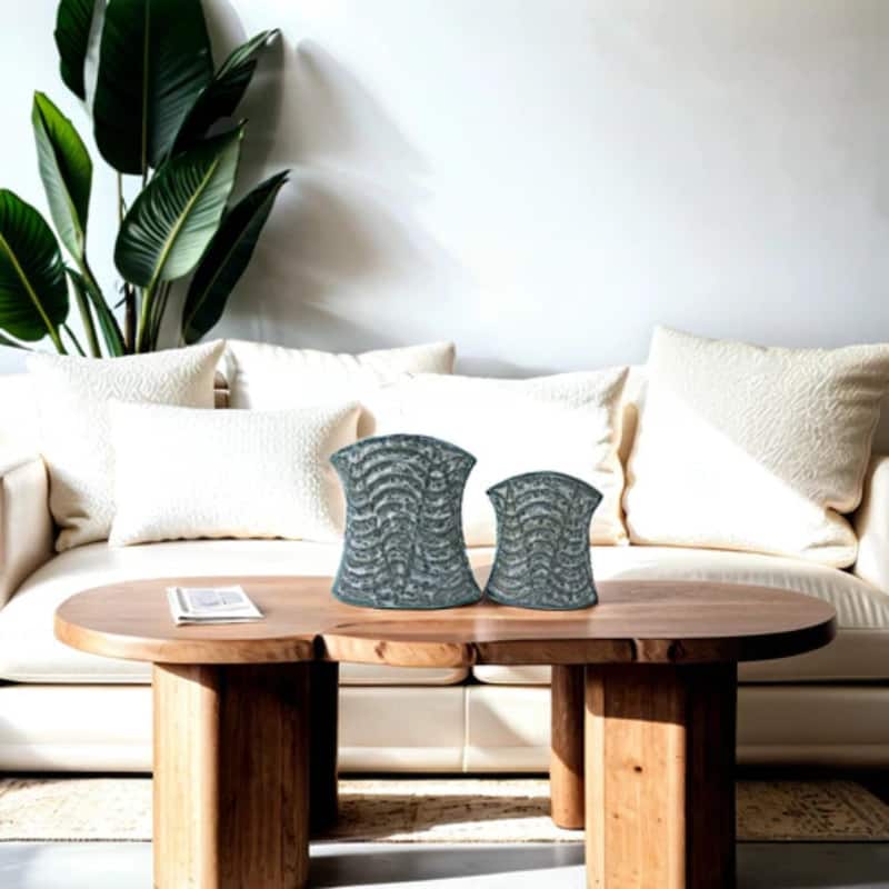 Set of Two Curved Cylinder Ceramic Vases Black and Gray Modern Home XL