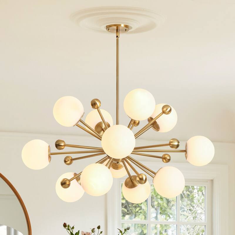12-Light Modern Sputnik Brass Chandelier with Frosted Glass Globes for Living Room, Dining Room - 12 Light - Gold/White - 12 Light