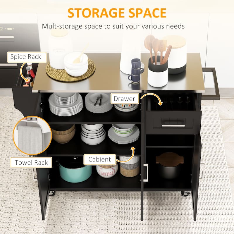 Rolling Kitchen Island with Drawer,Metal Countertop and Spice Rack