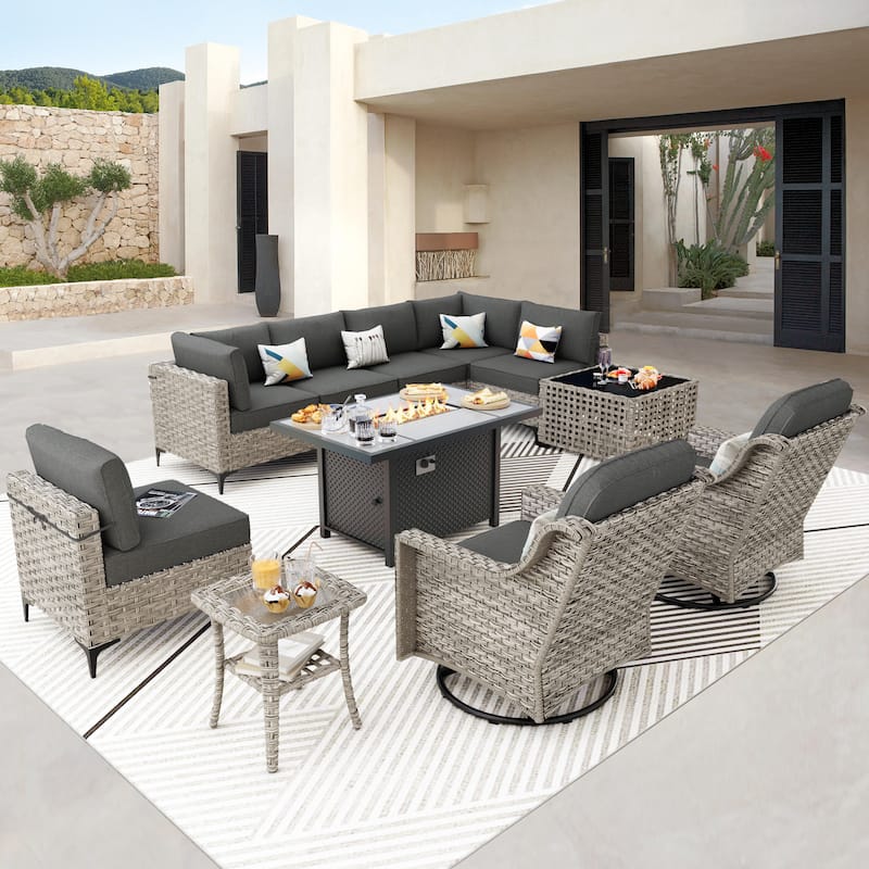 OVIOS 11 Pieces Outdoor Wicker Swivel Chair Set With Solar-Powered Coffee Table&Fire Pit - Black