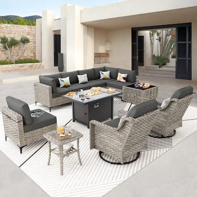 OVIOS 11 Pieces Outdoor Wicker Swivel Chair Set With Solar-Powered Coffee Table&Fire Pit