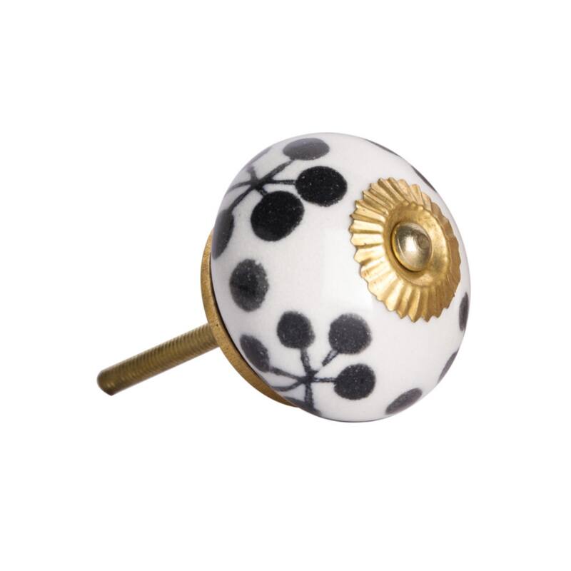 Set of 8 Hand-Painted Black & White Floral Ceramic Cabinet Knobs with Gold Accents - 1.5" x 1.5" x 1.5"