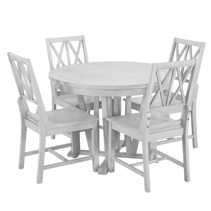 5-Piece Rustic Dining Set with Round Trestle Table, Extendable 15.8" Leaf, 4 Cross Back Dining Chairs for Kitchen & Dining Room