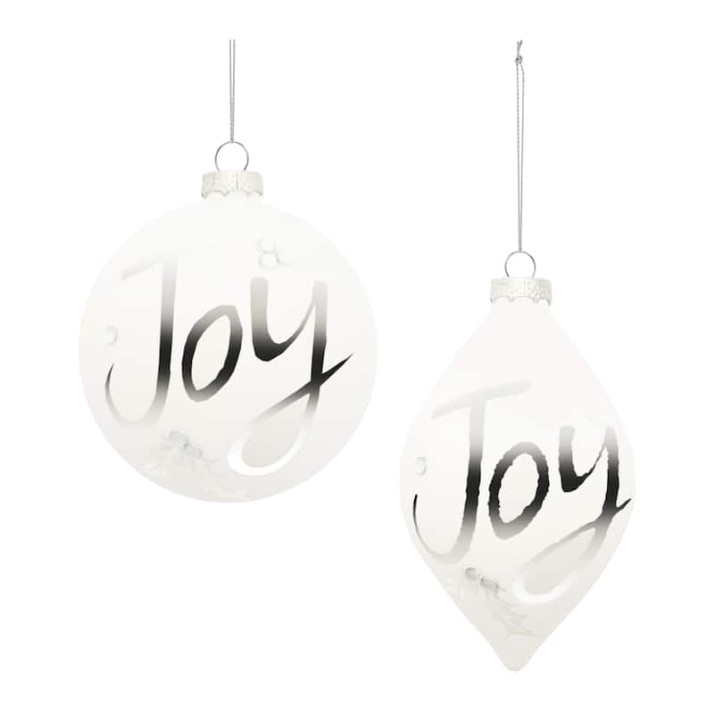 Set of 6 Glass Christmas Ornaments White and Silver Frosted Finish Round and Oblong Designs with Joy Message - 4” x 4” x 4.5” - White