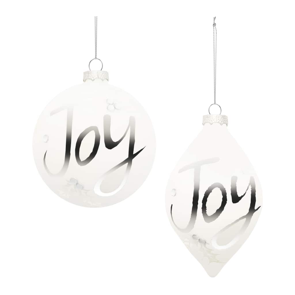 Set of 6 Glass Christmas Ornaments White and Silver Frosted Finish Round and Oblong Designs with Joy Message - 4” x 4” x 4.5”