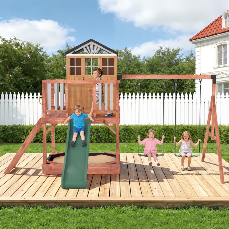 Kids Outdoor Wooden Swing Set with Elevated Playhouse, Wave Slide, Belt Swings and Sandbox - Natural Wood