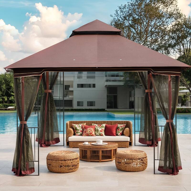 9'X9' Outdoor Steel Gazebo, Double Roof Patio Canopy with Netting, Curtains & Hanging Hooks for Backyard Deck Garden