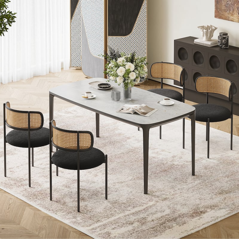 Modern Upholstered Dining Chairs Set of 4,Rattan Back Dining Room Chairs,Accent Kitchen Chairs with Metal Legs