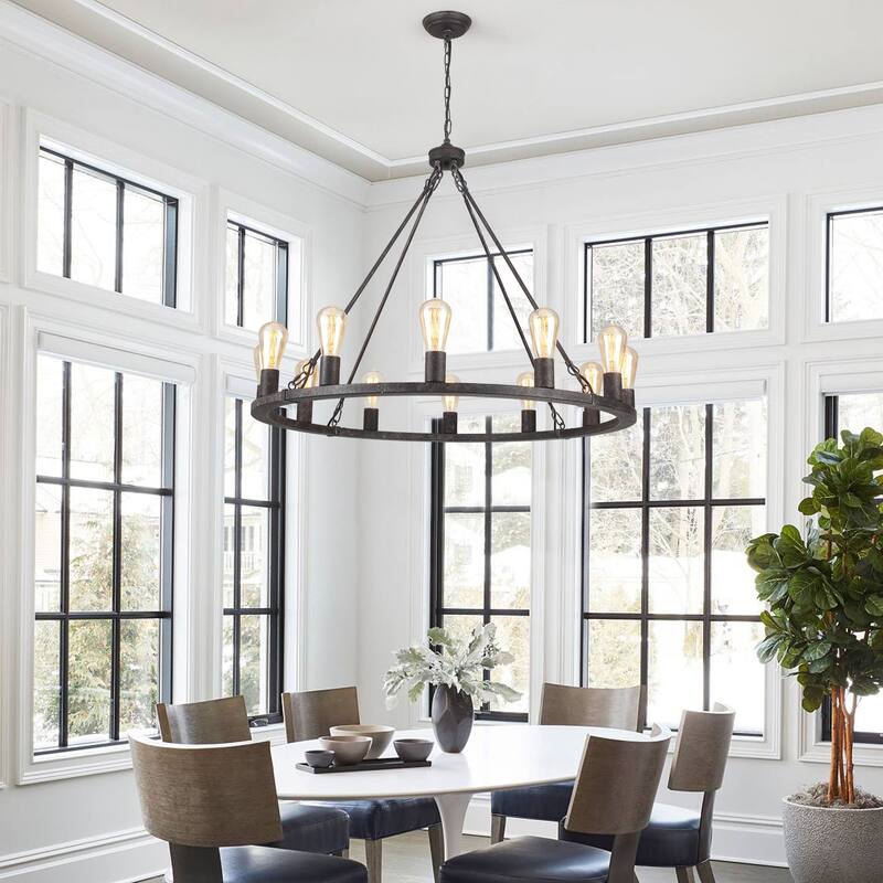 12-Light Circel Candlestick Wagon Wheel Chandelier Hanging Linear Chandelier Lighting for Kitchen Island