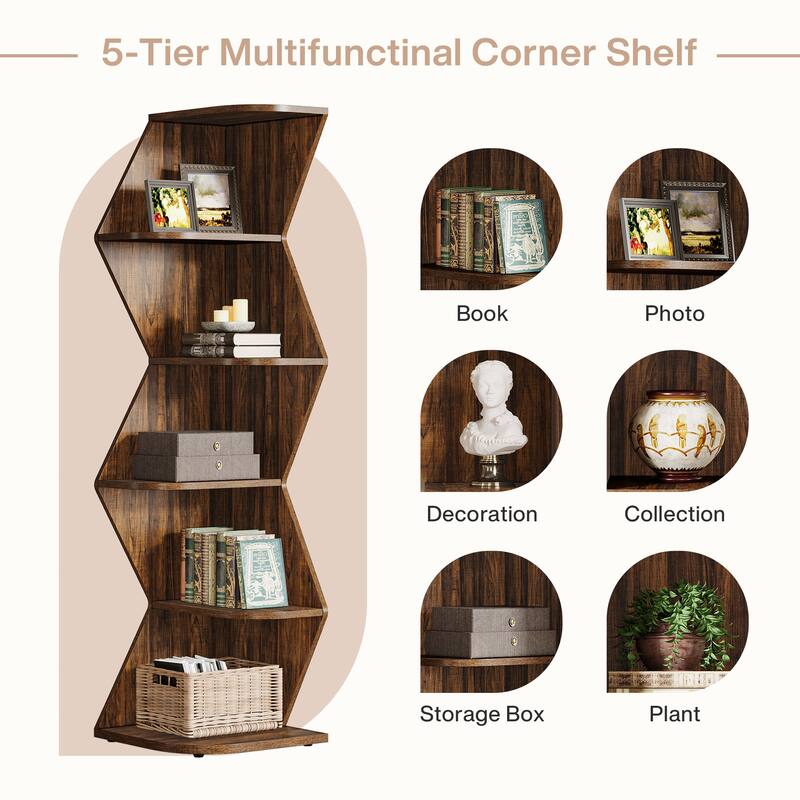 Industrial 5-Tier Corner Shelf Bookshelf with Storage for Living Room