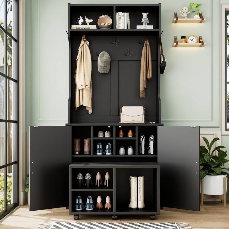 4-in-1 Entryway Coat Rack with Barn Doors,7 Hanging Hooks,Shoe Storage - Black