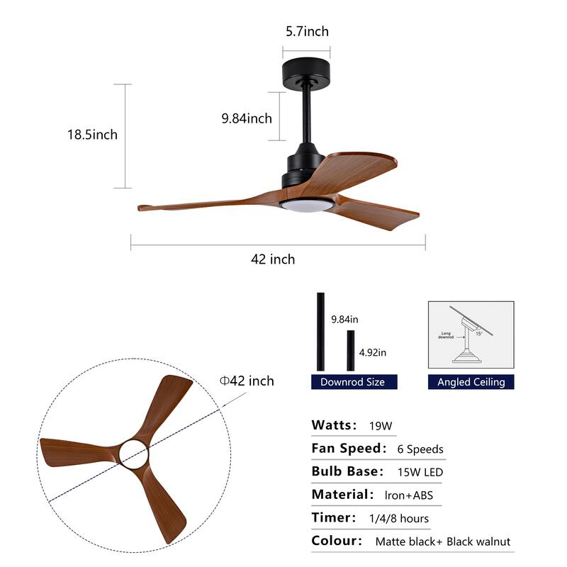 42" Ceiling Fan with Light 3 ABS Blades Remote Control Reversible DC Motor