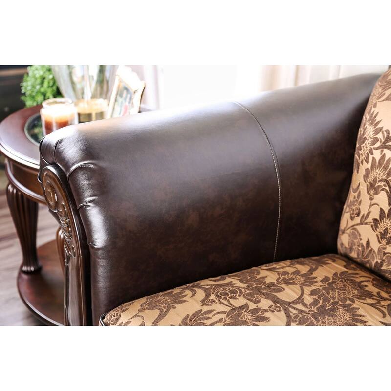 Chenille and Leatherette Loveseat with Loose Back Pillows in Tan