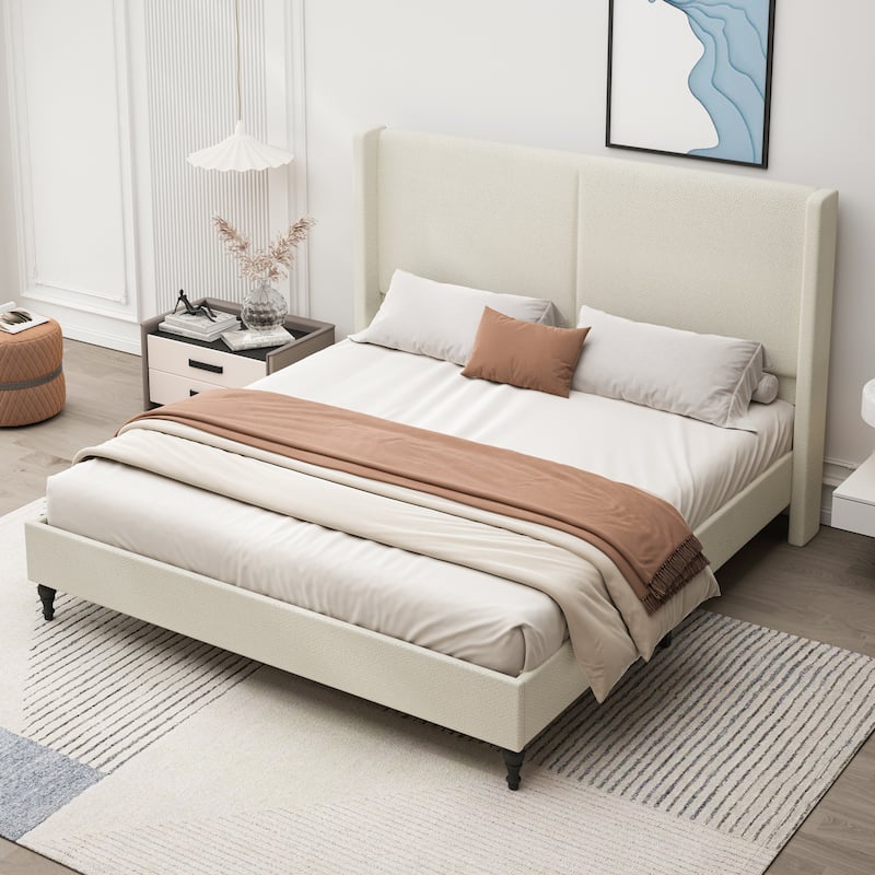 GDFStudio - Jane 55.5" High Back Upholstered Headboard Bed Frame with Slat Support and Solid Wood Feet