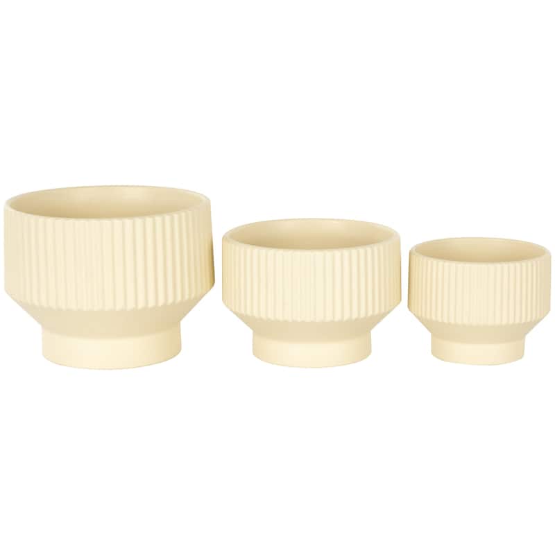 Ceramic Wide Indoor Outdoor Planter with Linear Grooves and Tapered Bases - Set of 3 Green, White, Cream - Roche River Decor