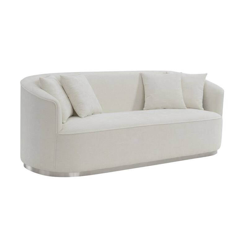 Oggy 83 Inch Sofa, 4 Throw Pillows, Barrel Shape, Soft Beige Chenille