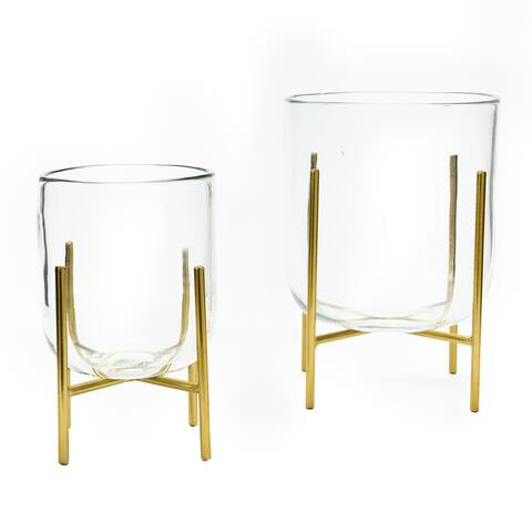 Vases/Candle Holders with Metal Stands, Gold Finish, Set of 2
