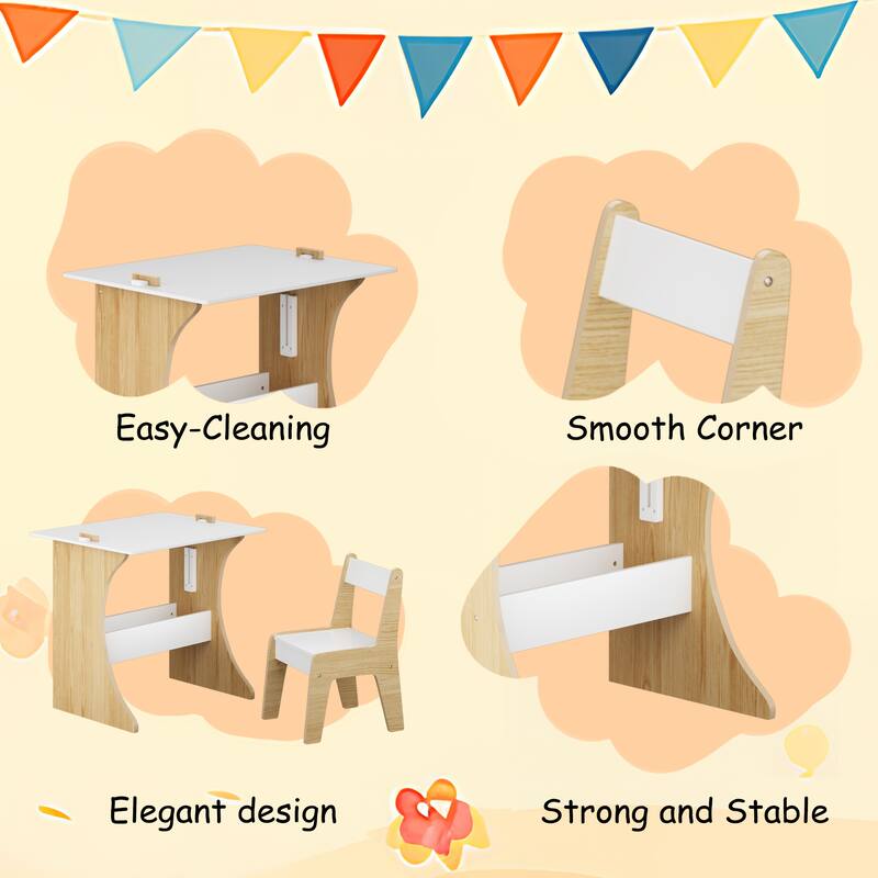 Kids Table Set (1 Chair), Multifunctional Solid Wood Desk - Convertible Top for Learn/Draw/Play, Natural Wood - 22*23*19