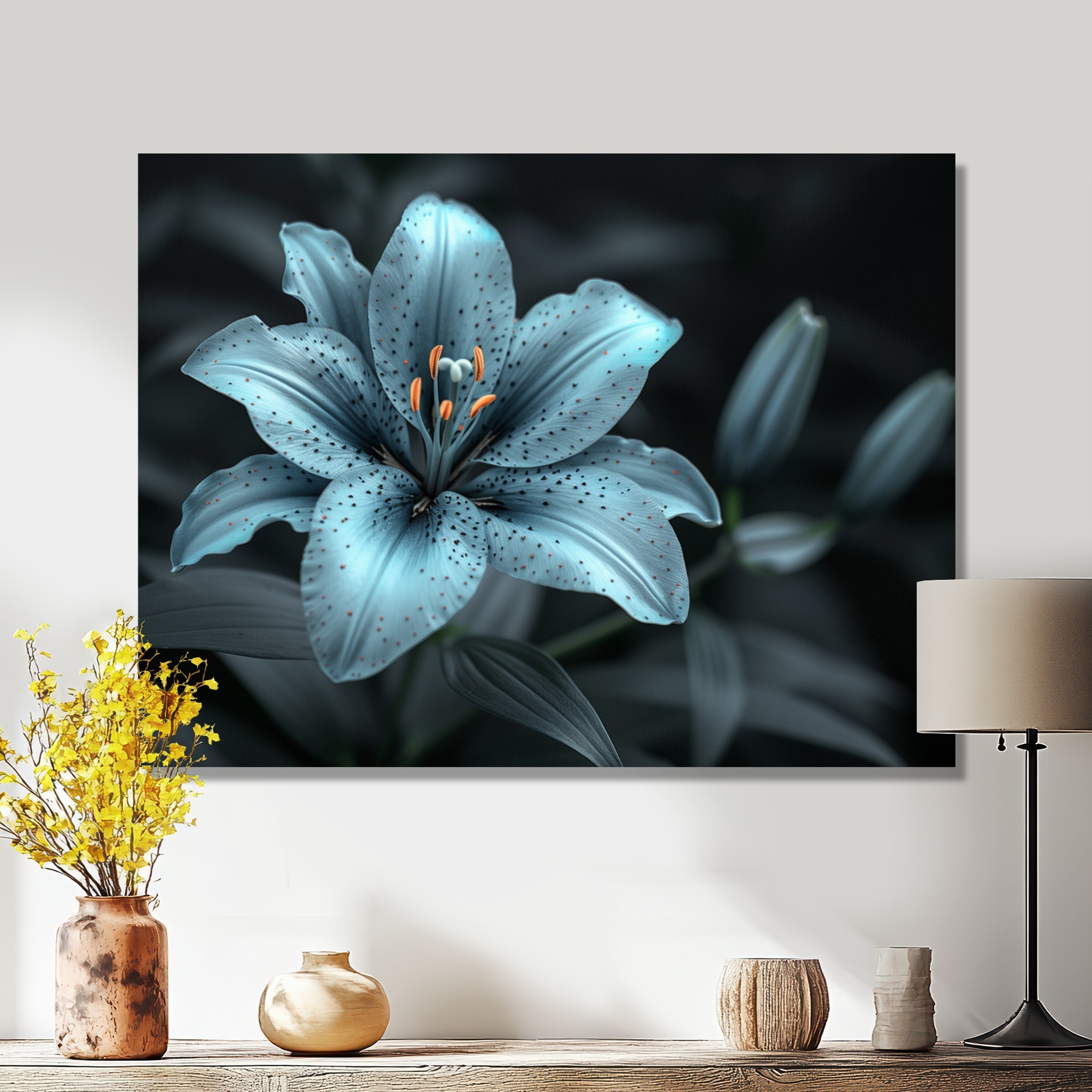 Designart "Modern White And Blue Glass Lilies Photo II" Lilies Canvas Wall Art - Traditional White Wall Art Print
